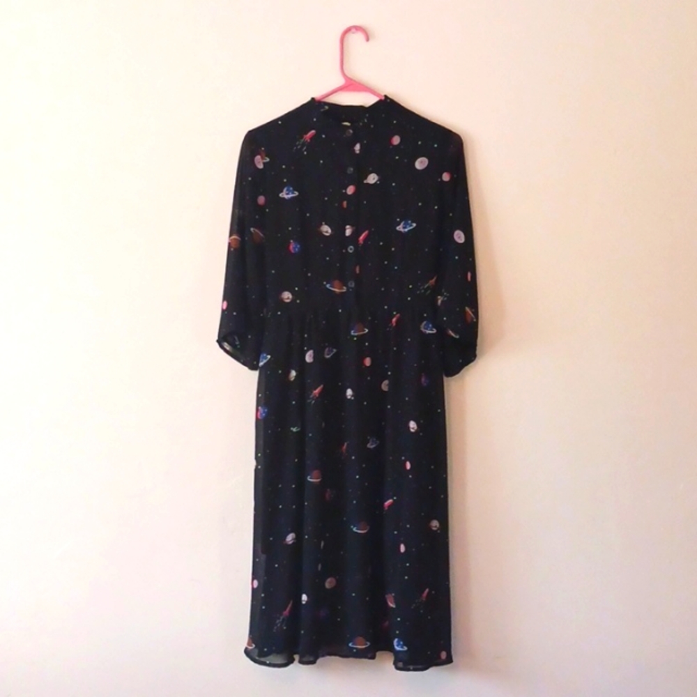 Black Space Print Midi Dress - Women's